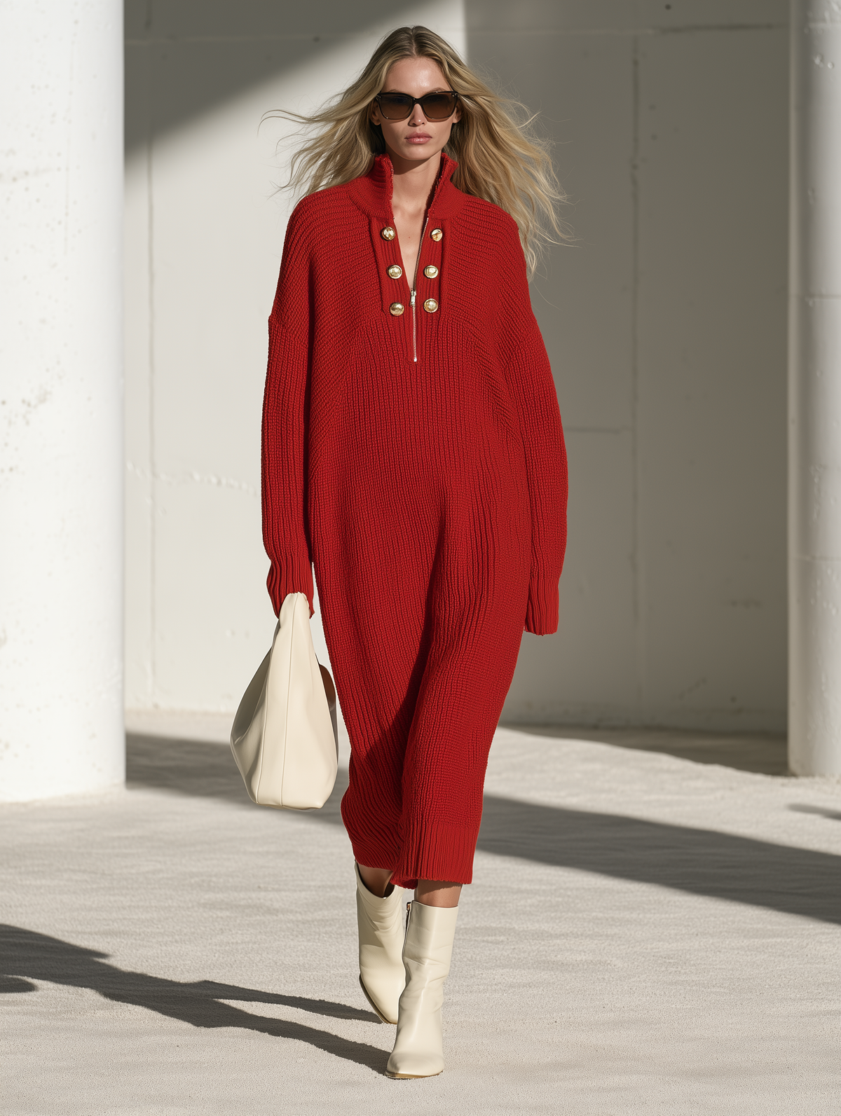 Julia | Vestido midi de punto rojo con botones dorados