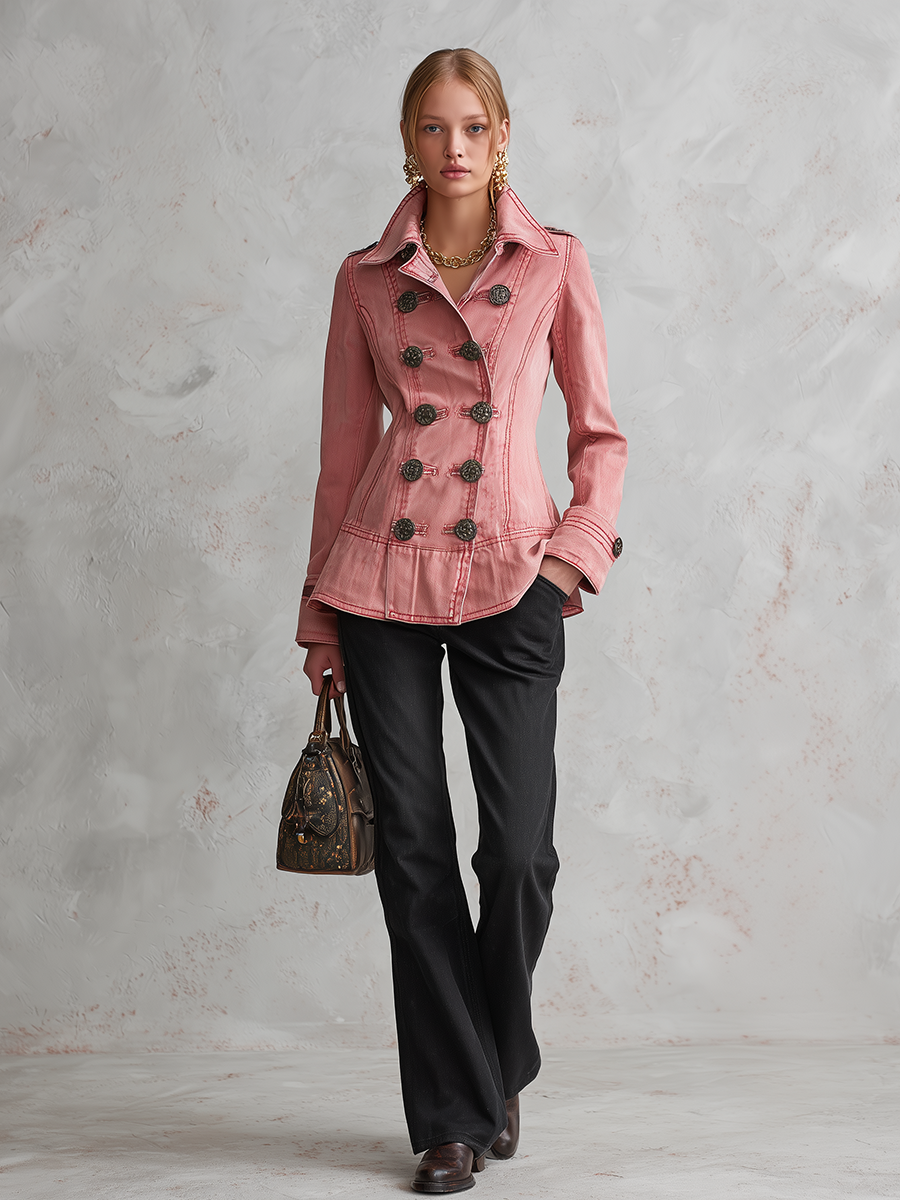 Asun | Cazadora vaquera rosa cruzada con peplum