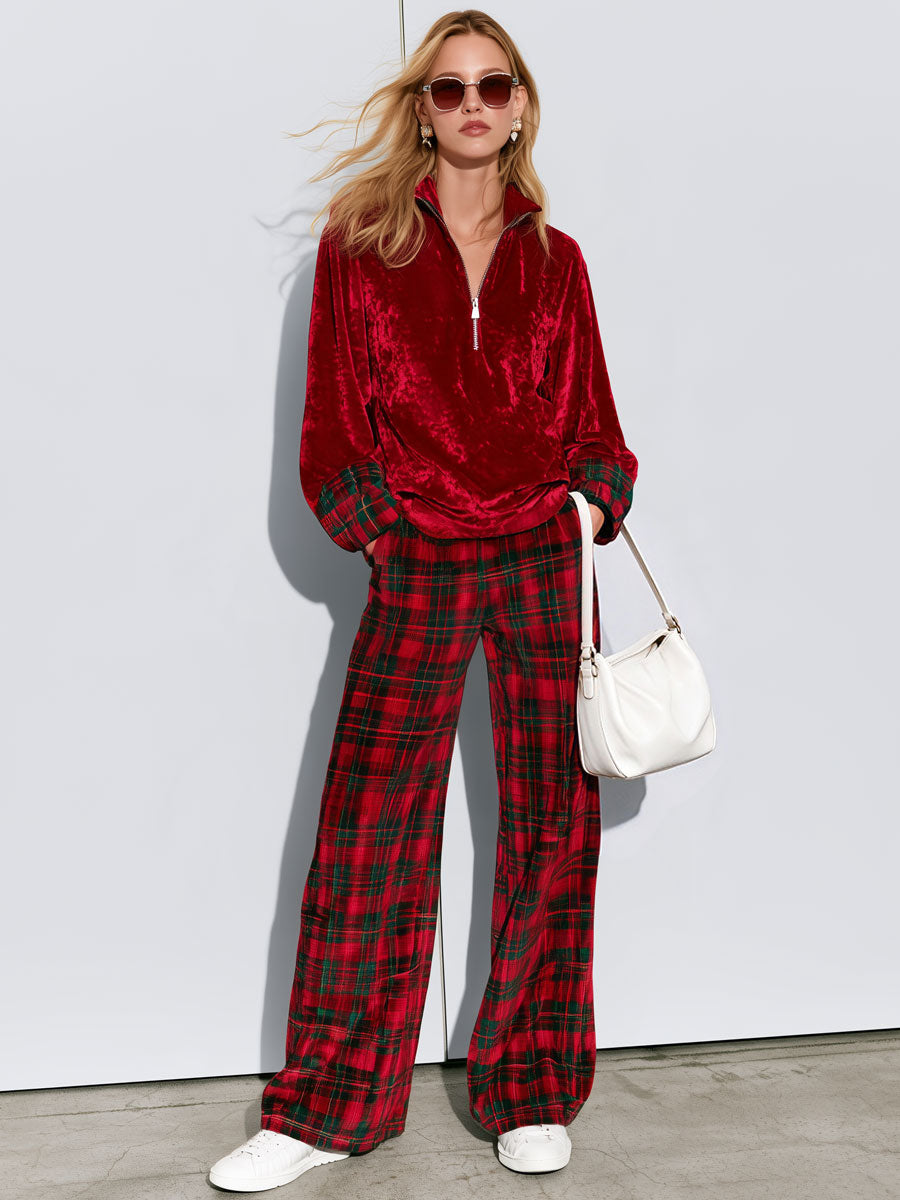 Merche | Conjunto de jersey de terciopelo rojo y pantalón de cuadros