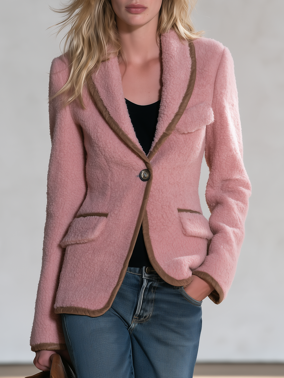 Mireia | Americana rosa de borreguito con vivos marrones