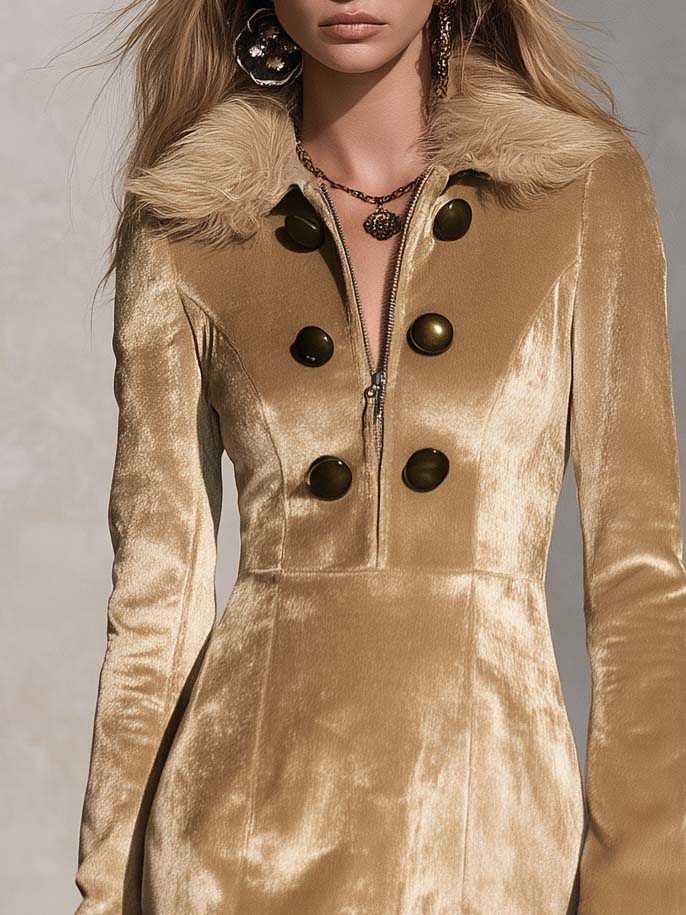 Inés | Vestido corto de terciopelo dorado con cuello de pelo
