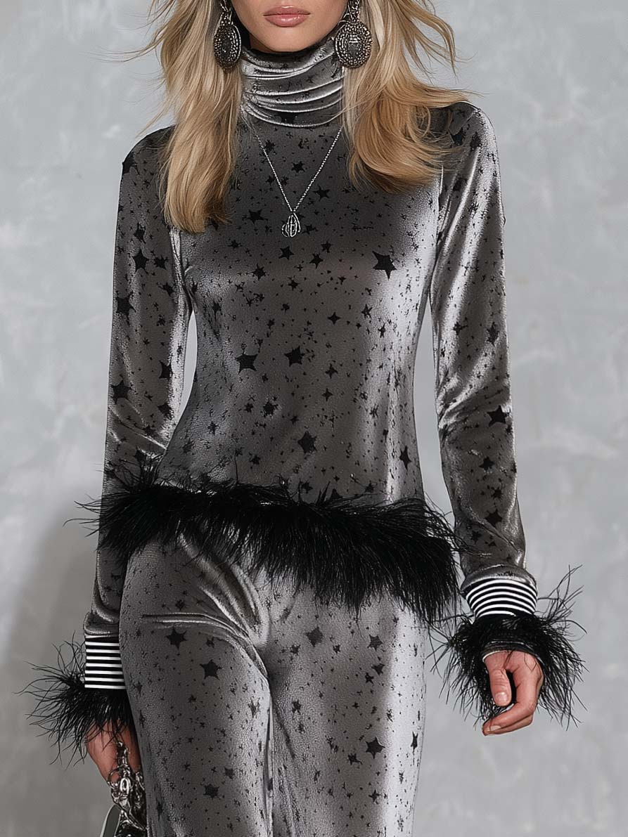 Sonia | Conjunto de terciopelo gris con estrellas y plumas