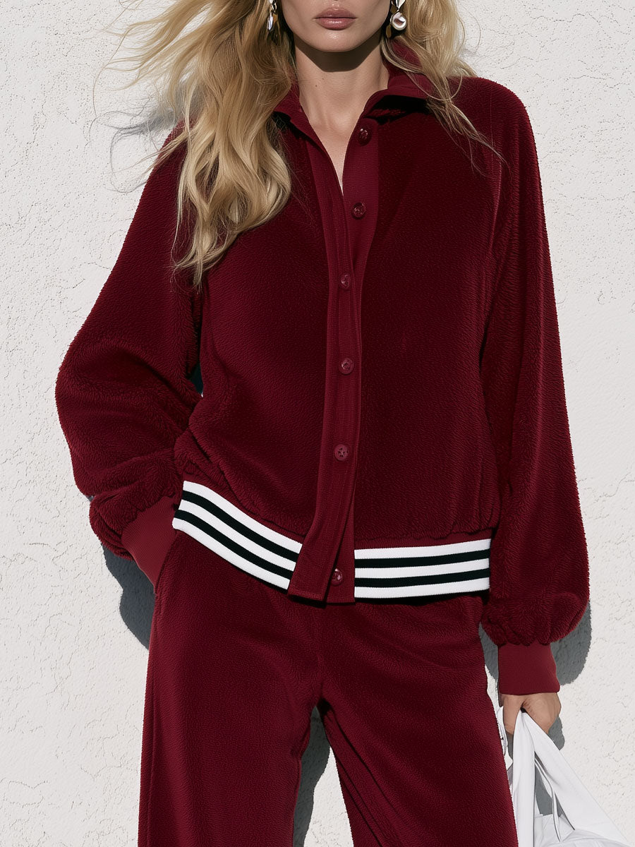 Begoña | Conjunto burdeos de chaqueta y pantalón ancho