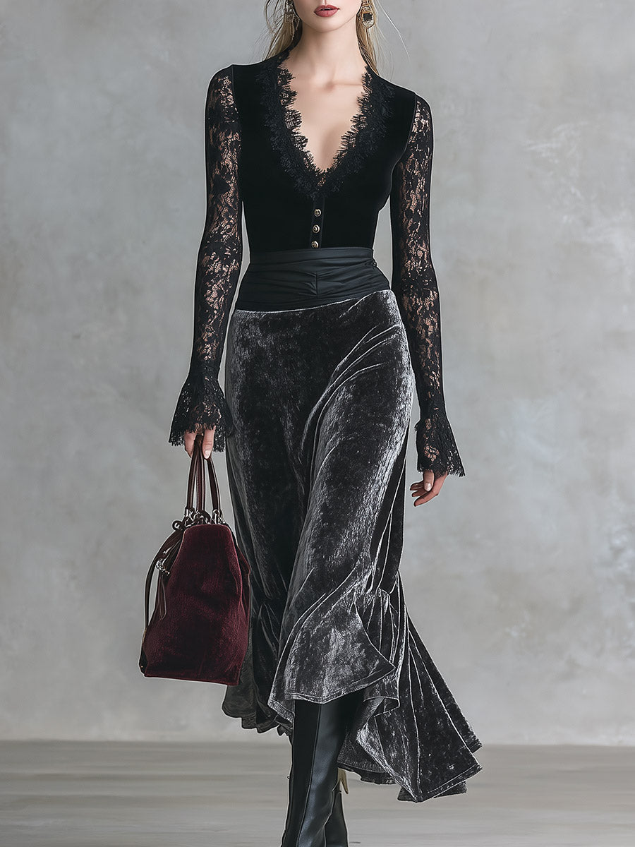 Isabel | Vestido largo de encaje negro y terciopelo gris