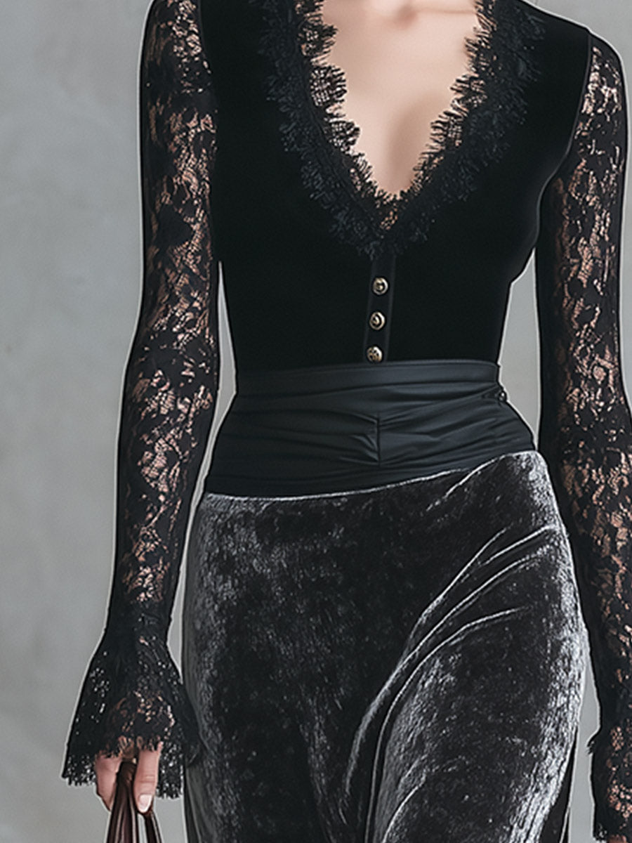 Isabel | Vestido largo de encaje negro y terciopelo gris