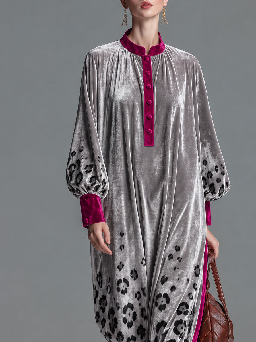 Valentina | Vestido largo de terciopelo plateado con leopardo