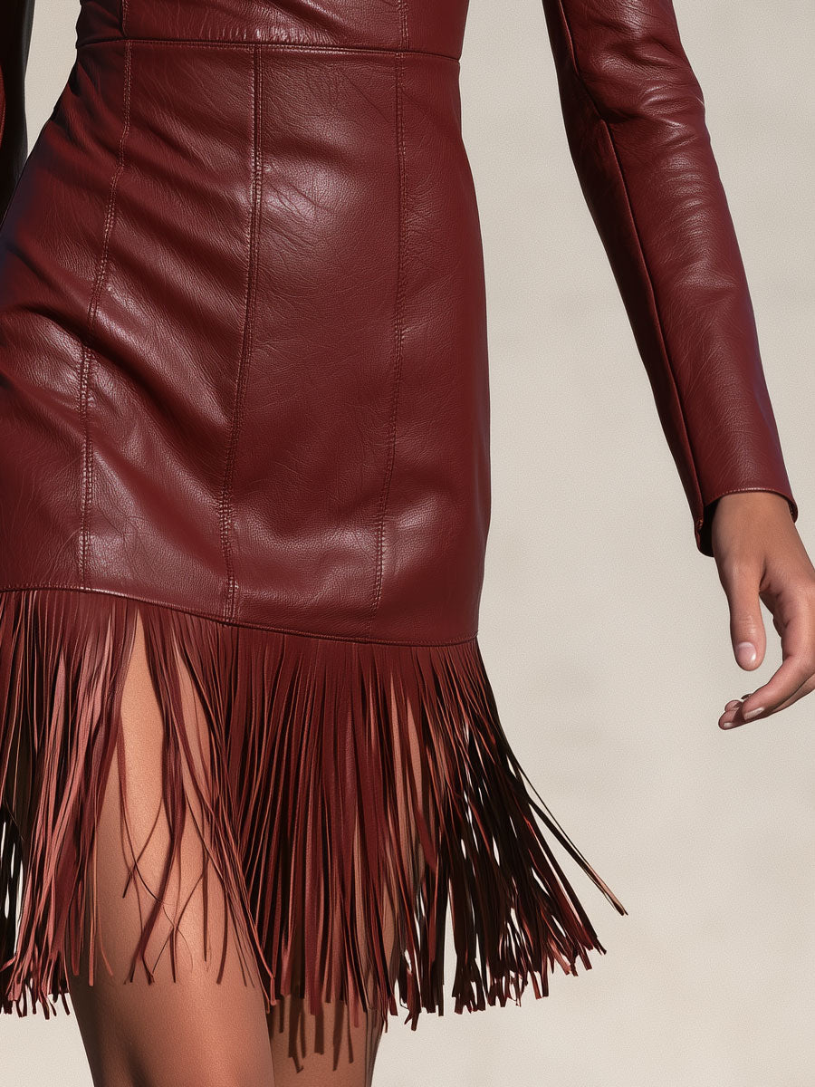 Gema | Vestido corto de polipiel burdeos con flecos