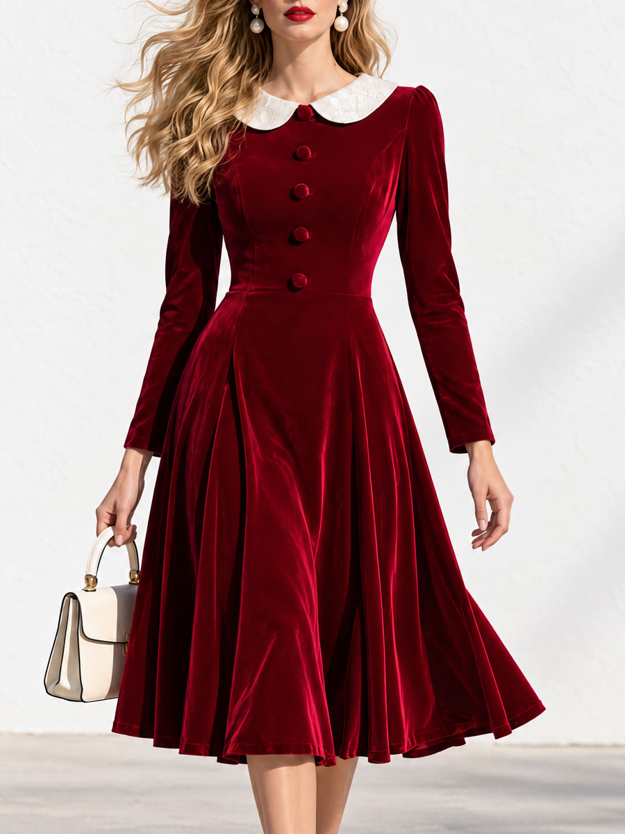Carmen | Vestido midi de terciopelo rojo con cuello de encaje