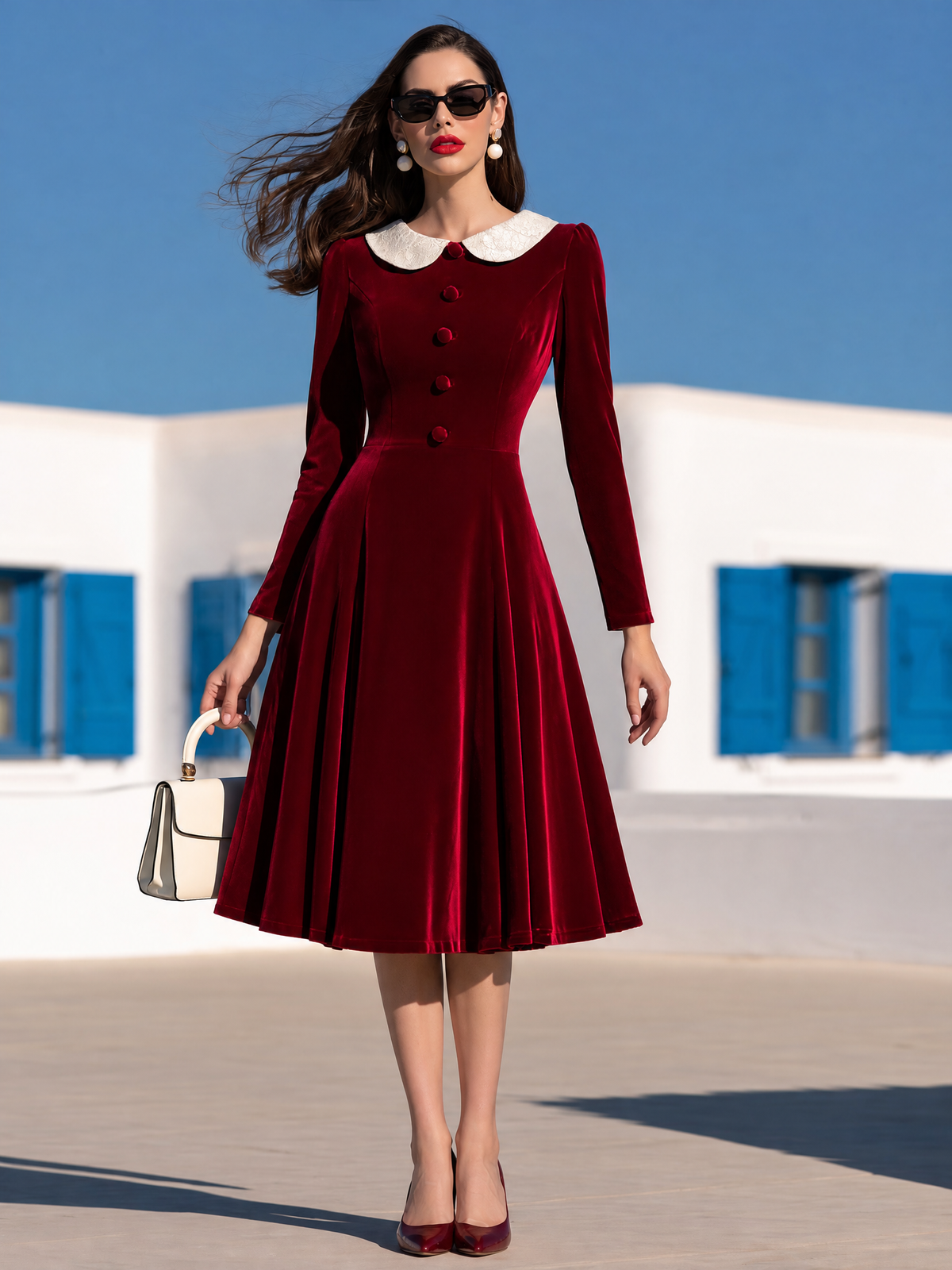Carmen | Vestido midi de terciopelo rojo con cuello de encaje