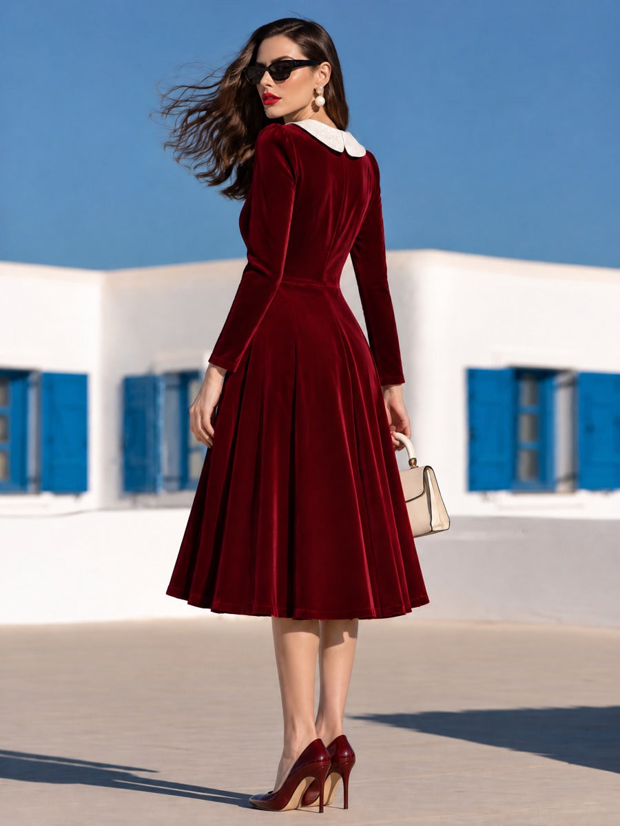 Carmen | Vestido midi de terciopelo rojo con cuello de encaje