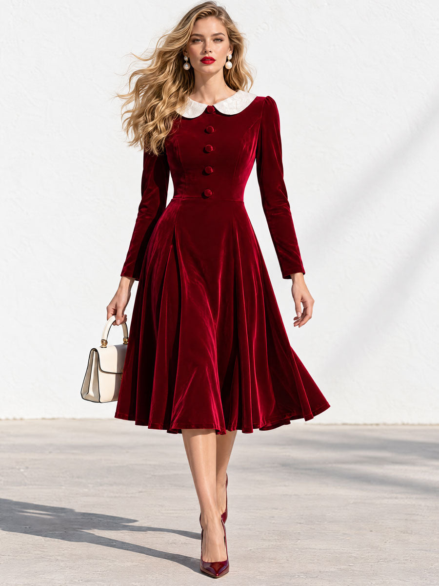 Carmen | Vestido midi de terciopelo rojo con cuello de encaje
