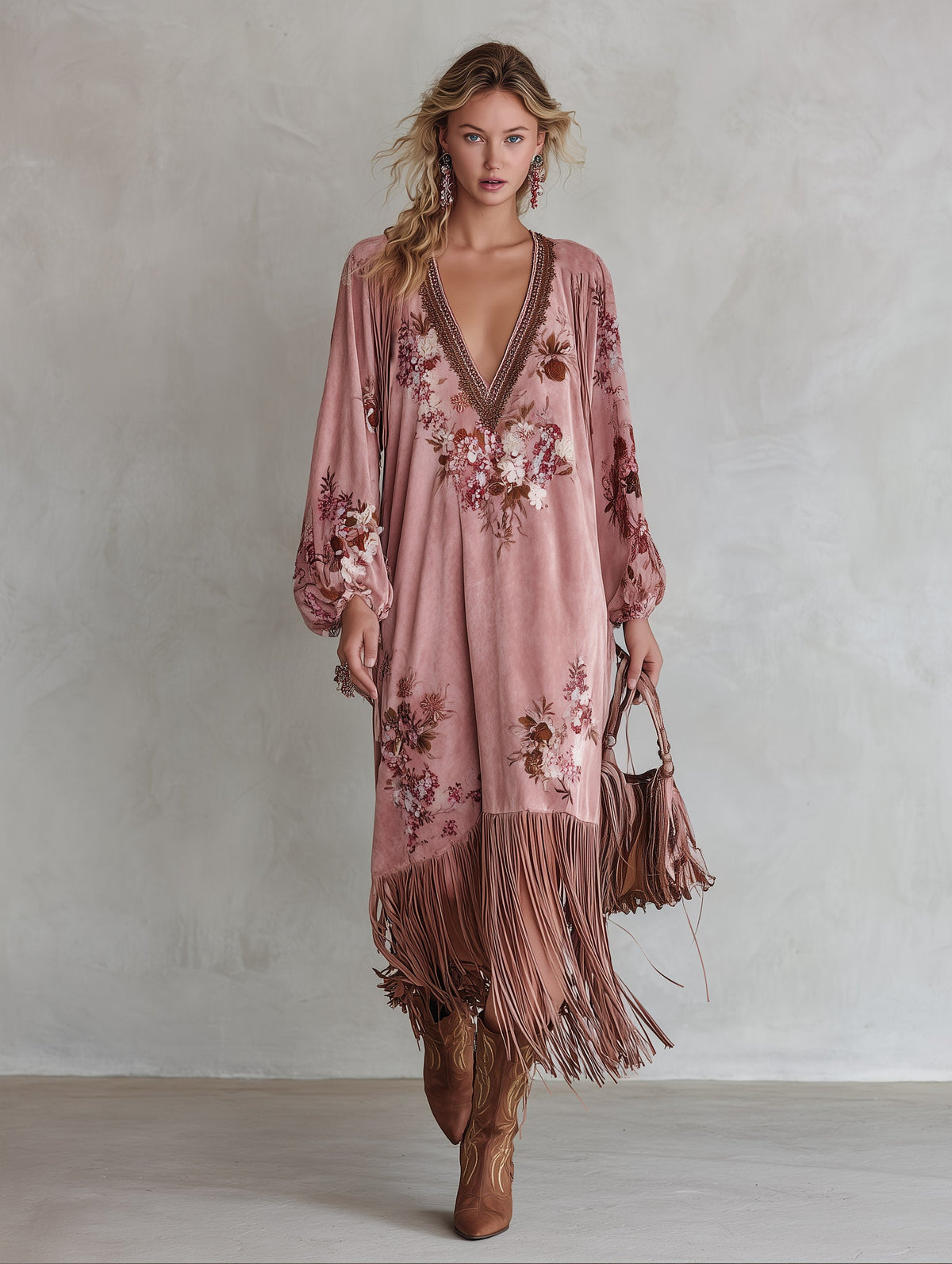 Rocío | Vestido largo de antelina con flores y flecos
