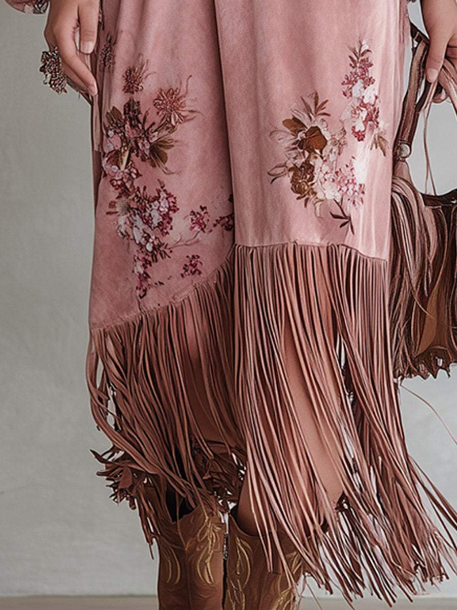 Rocío | Vestido largo de antelina con flores y flecos