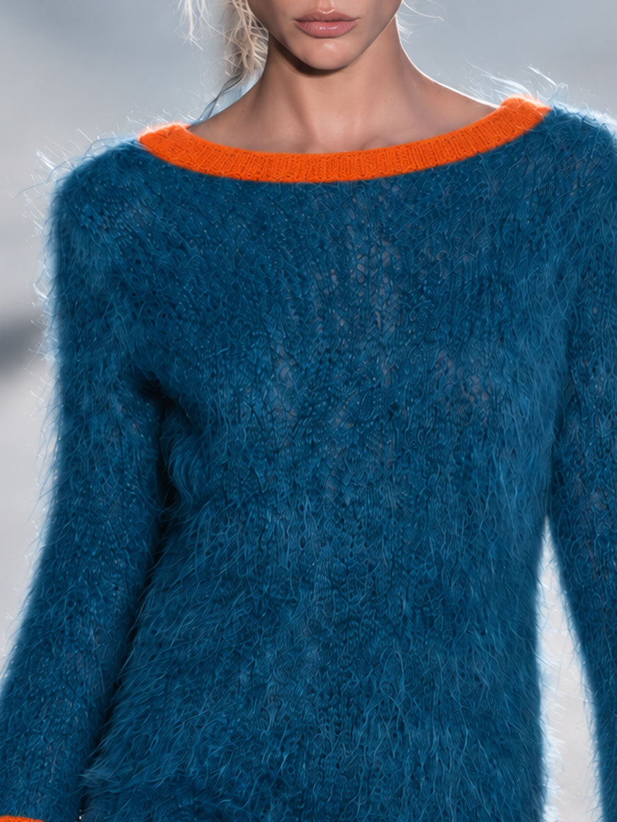 Natalia | Vestido corto de punto azul con flecos y manga campana