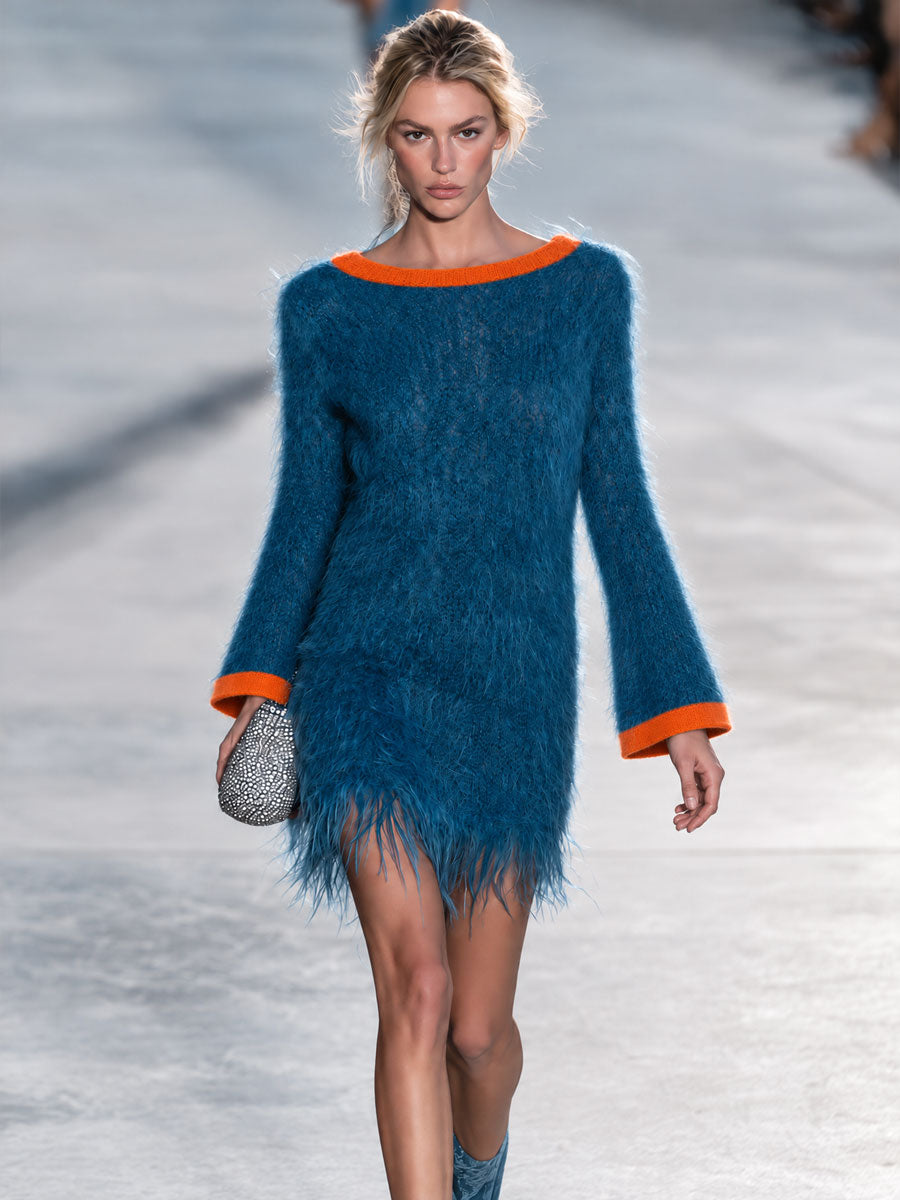 Natalia | Vestido corto de punto azul con flecos y manga campana