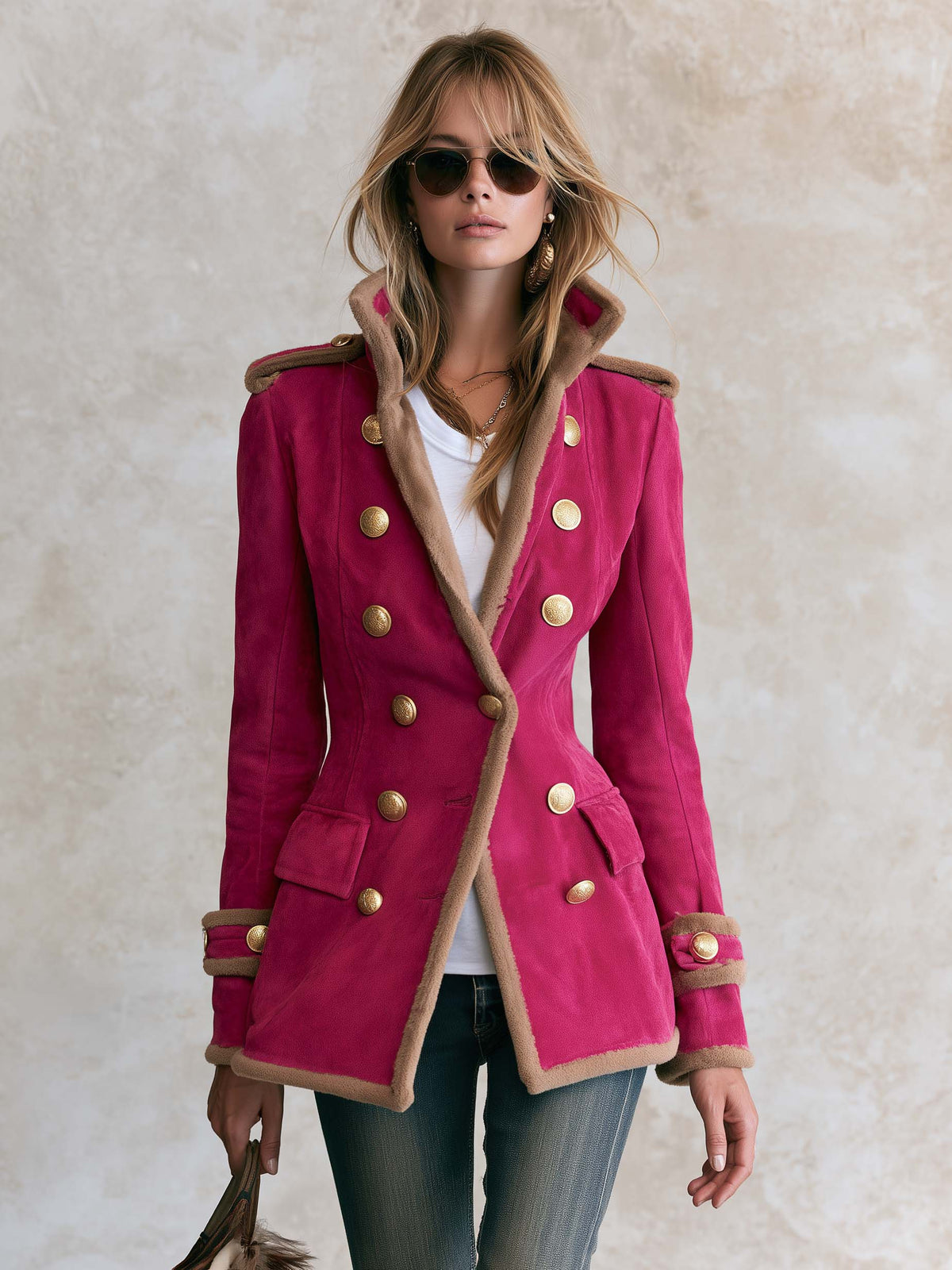 Macarena | Chaqueta militar fucsia de antelina con borrego