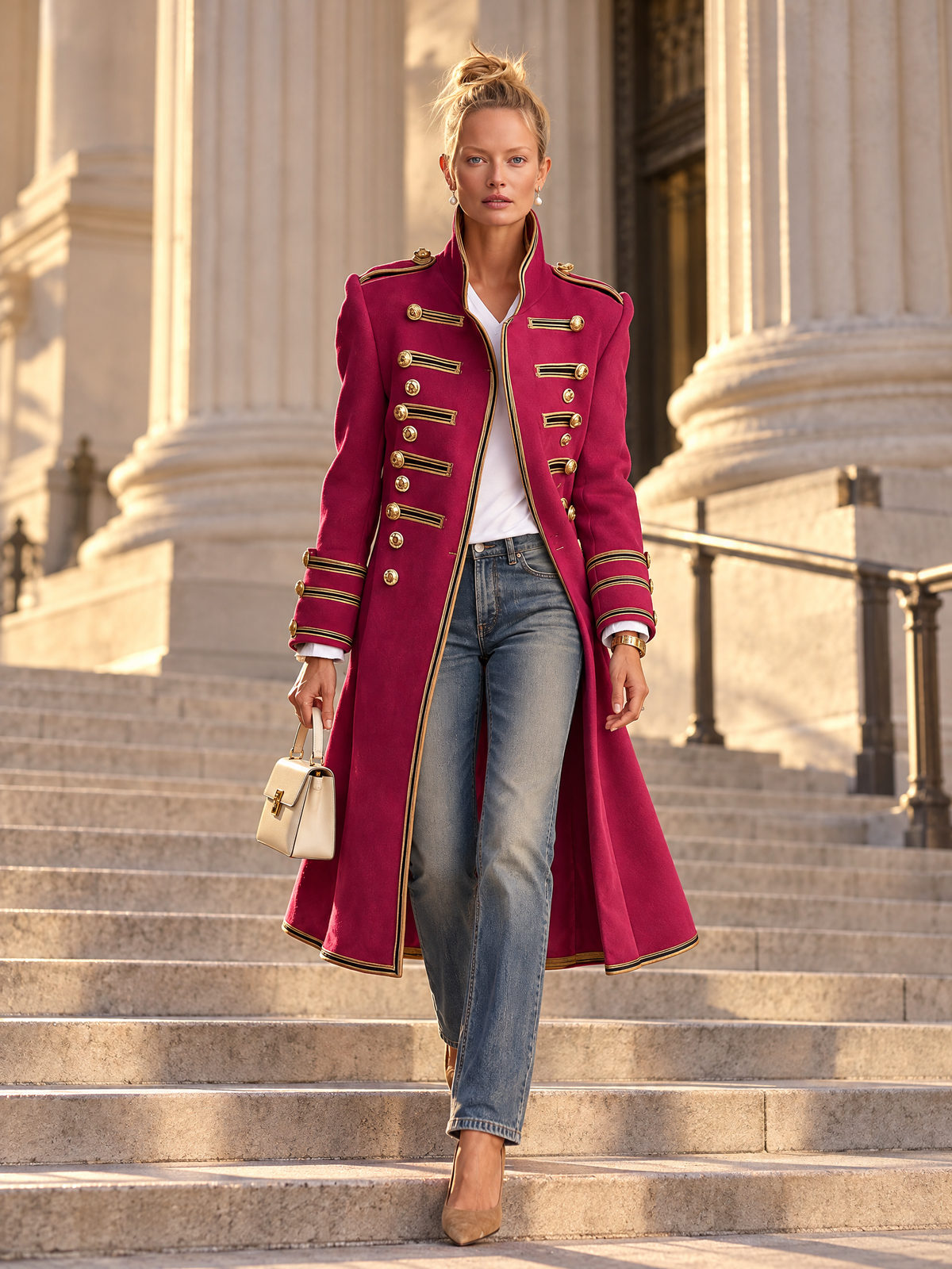 Regina | Abrigo largo militar magenta con botones dorados