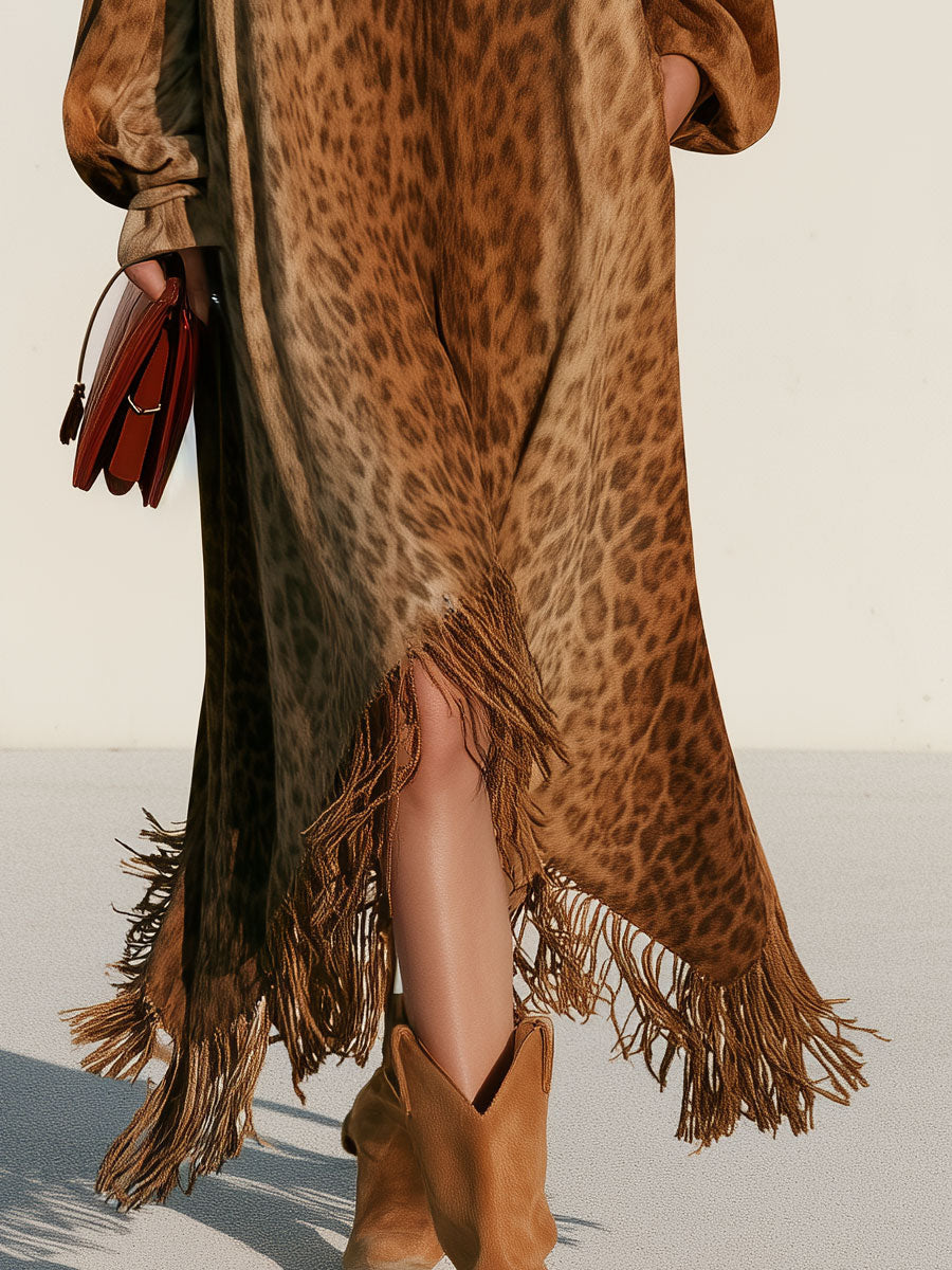 Fátima | Vestido midi de antelina con leopardo y flecos