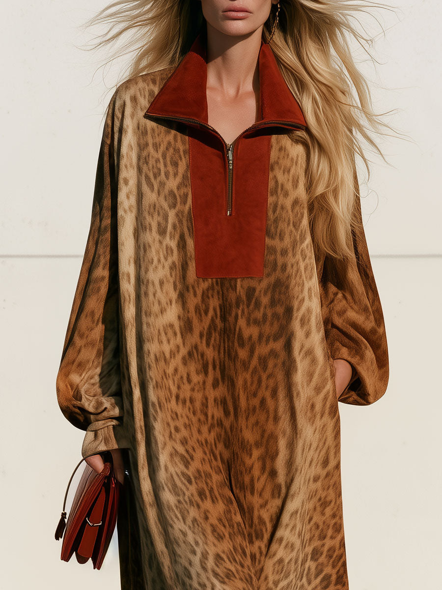 Fátima | Vestido midi de antelina con leopardo y flecos