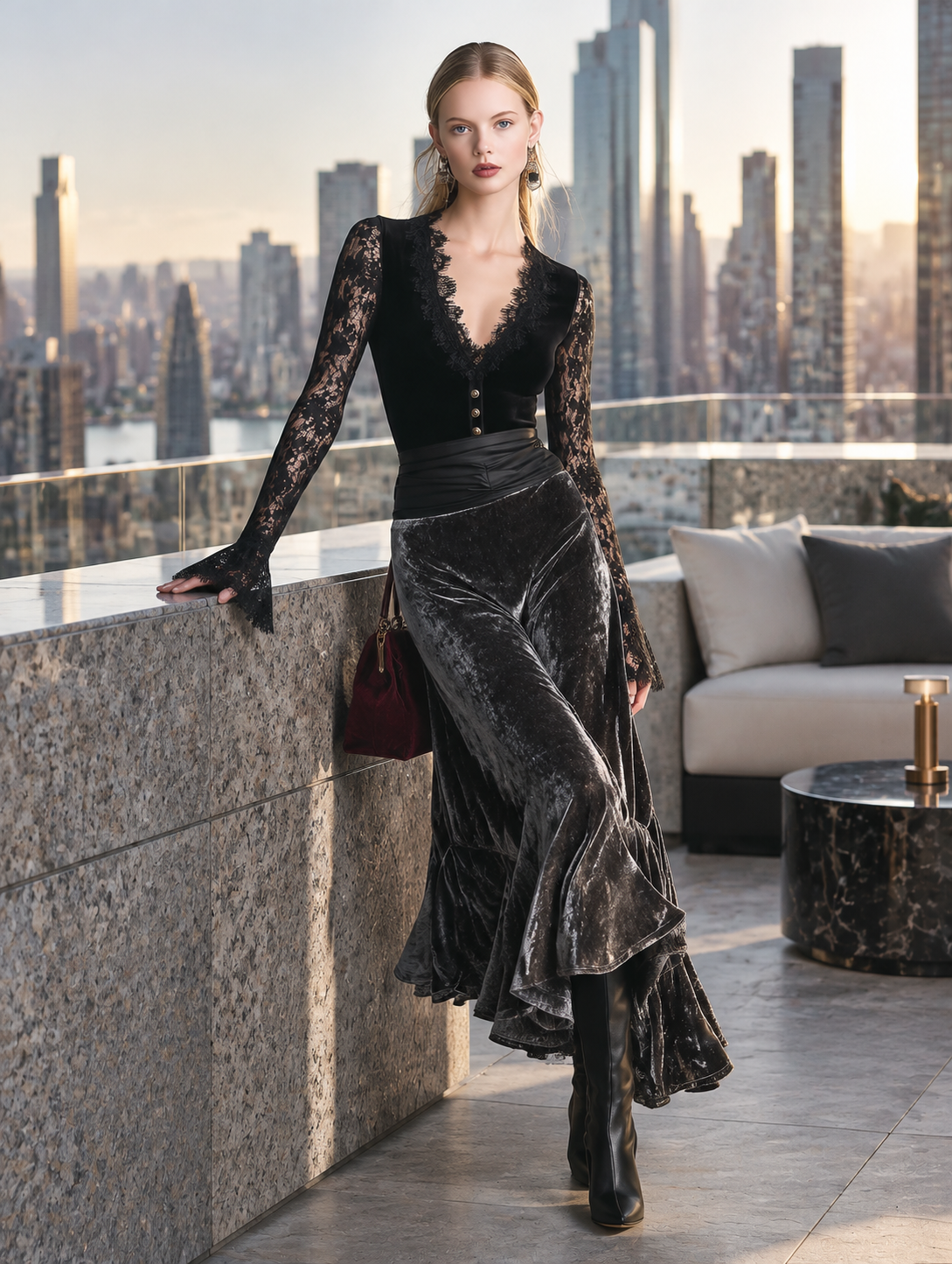 Isabel | Vestido largo de encaje negro y terciopelo gris