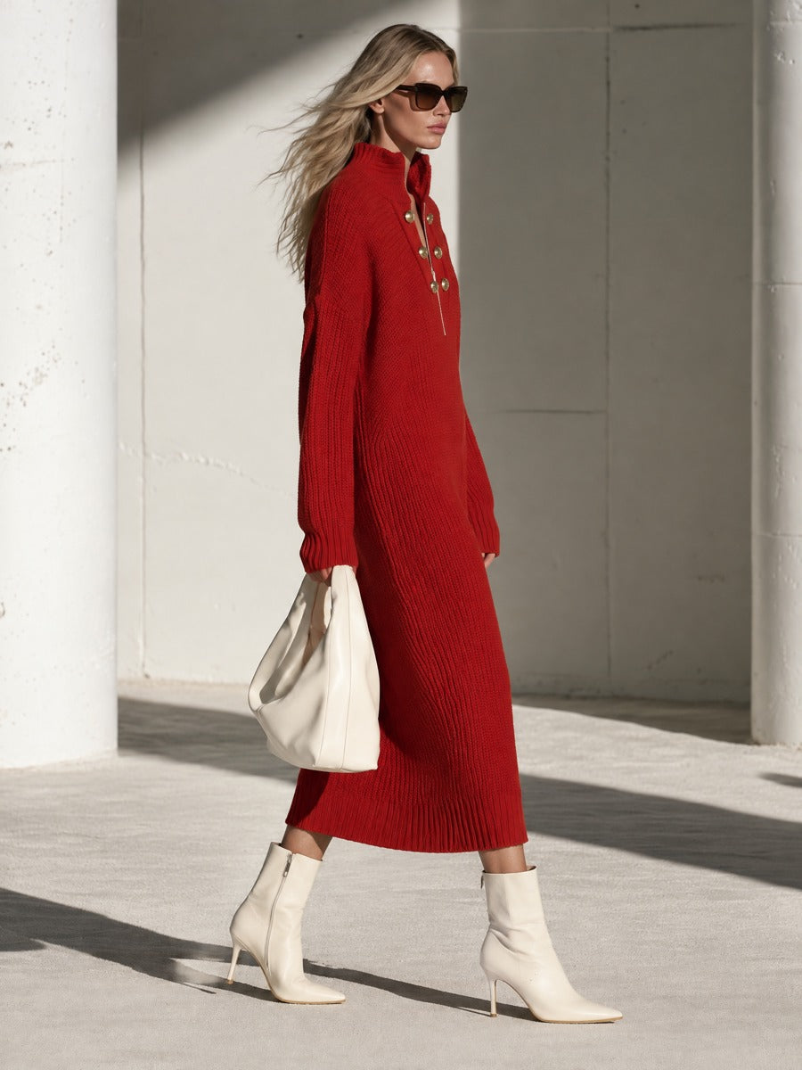 Julia | Vestido midi de punto rojo con botones dorados