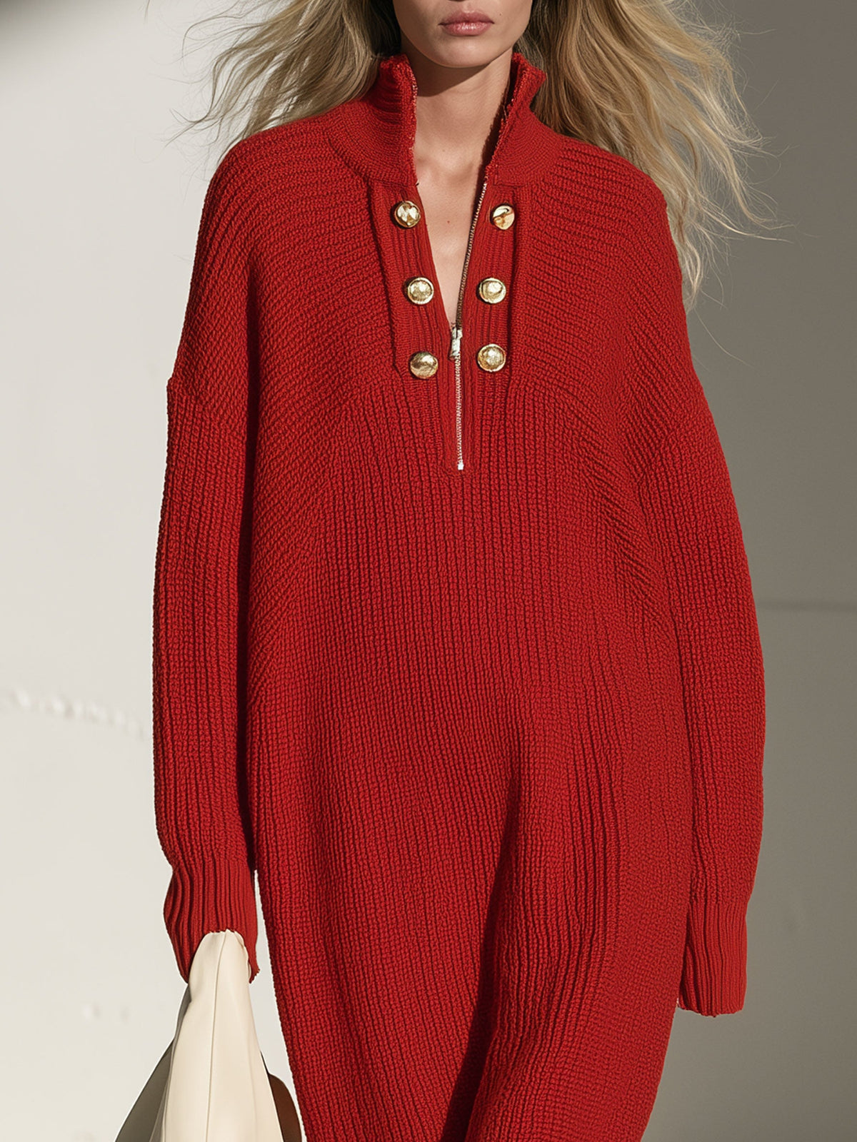 Julia | Vestido midi de punto rojo con botones dorados
