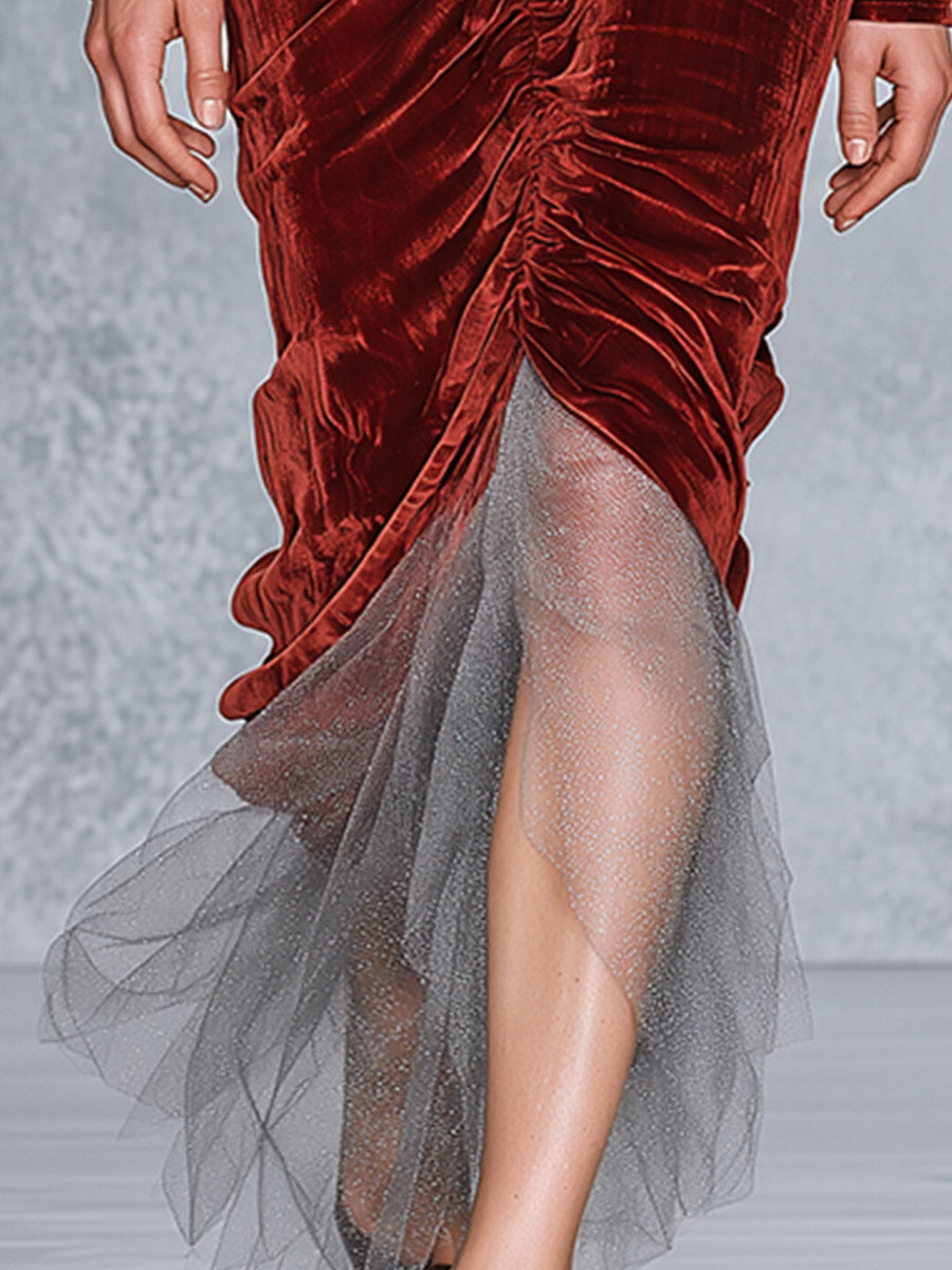 Elvira | Vestido largo de terciopelo teja con tul