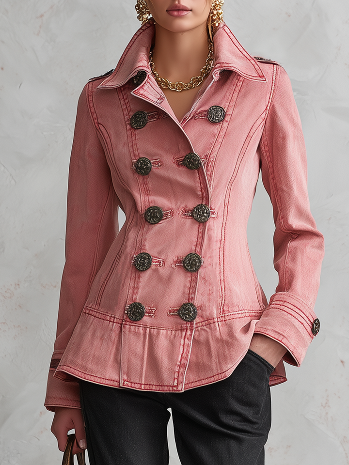Asun | Cazadora vaquera rosa cruzada con peplum