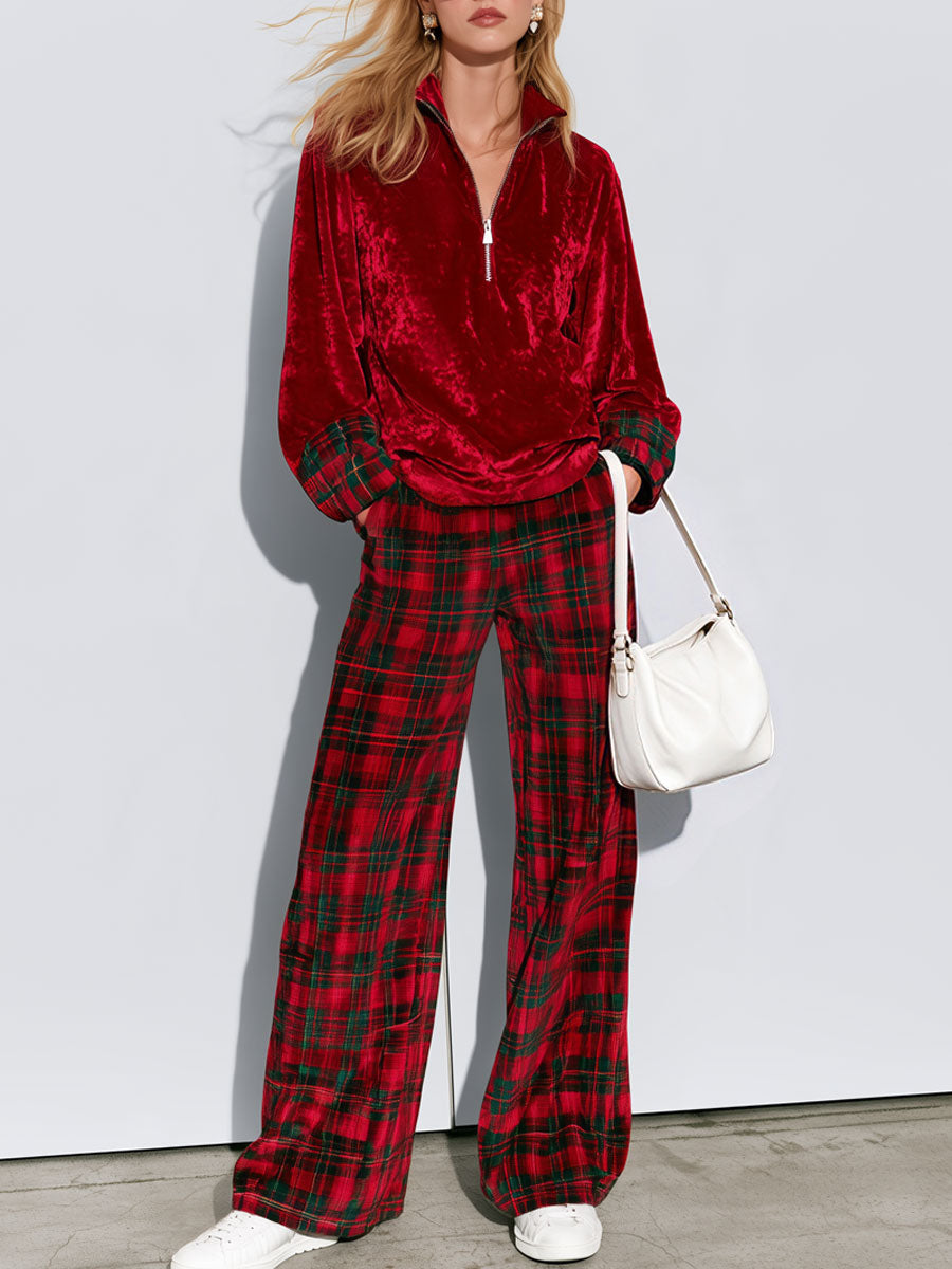 Merche | Conjunto de jersey de terciopelo rojo y pantalón de cuadros