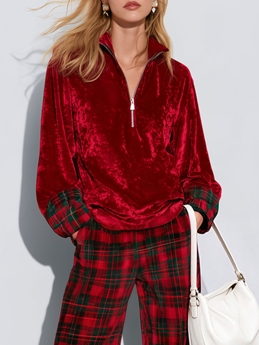 Merche | Conjunto de jersey de terciopelo rojo y pantalón de cuadros