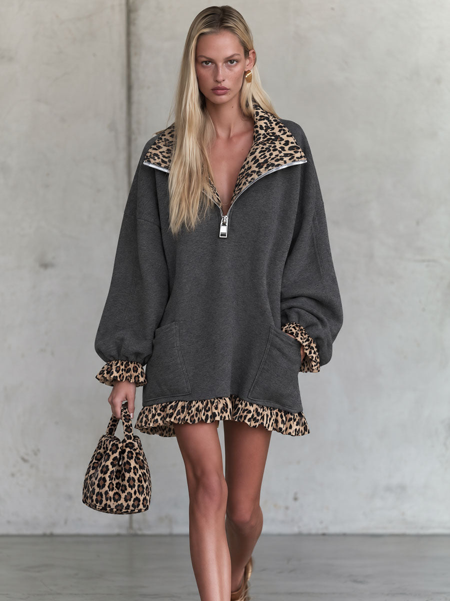 Ángela | Vestido corto gris con cuello y volante de leopardo