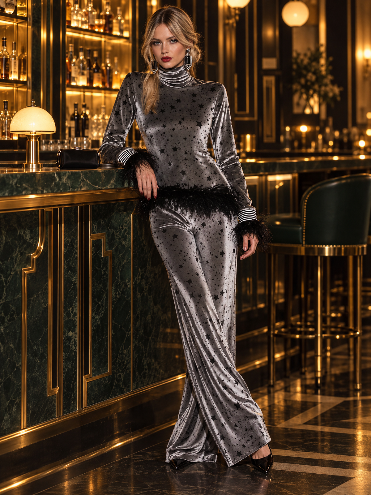 Sonia | Conjunto de terciopelo gris con estrellas y plumas