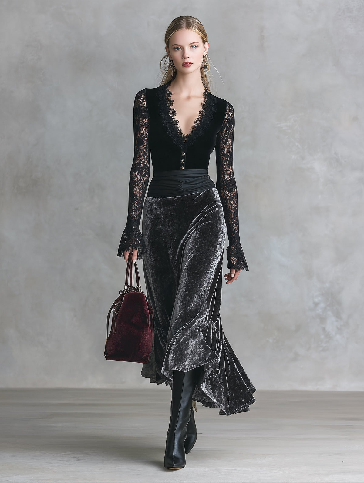 Isabel | Vestido largo de encaje negro y terciopelo gris