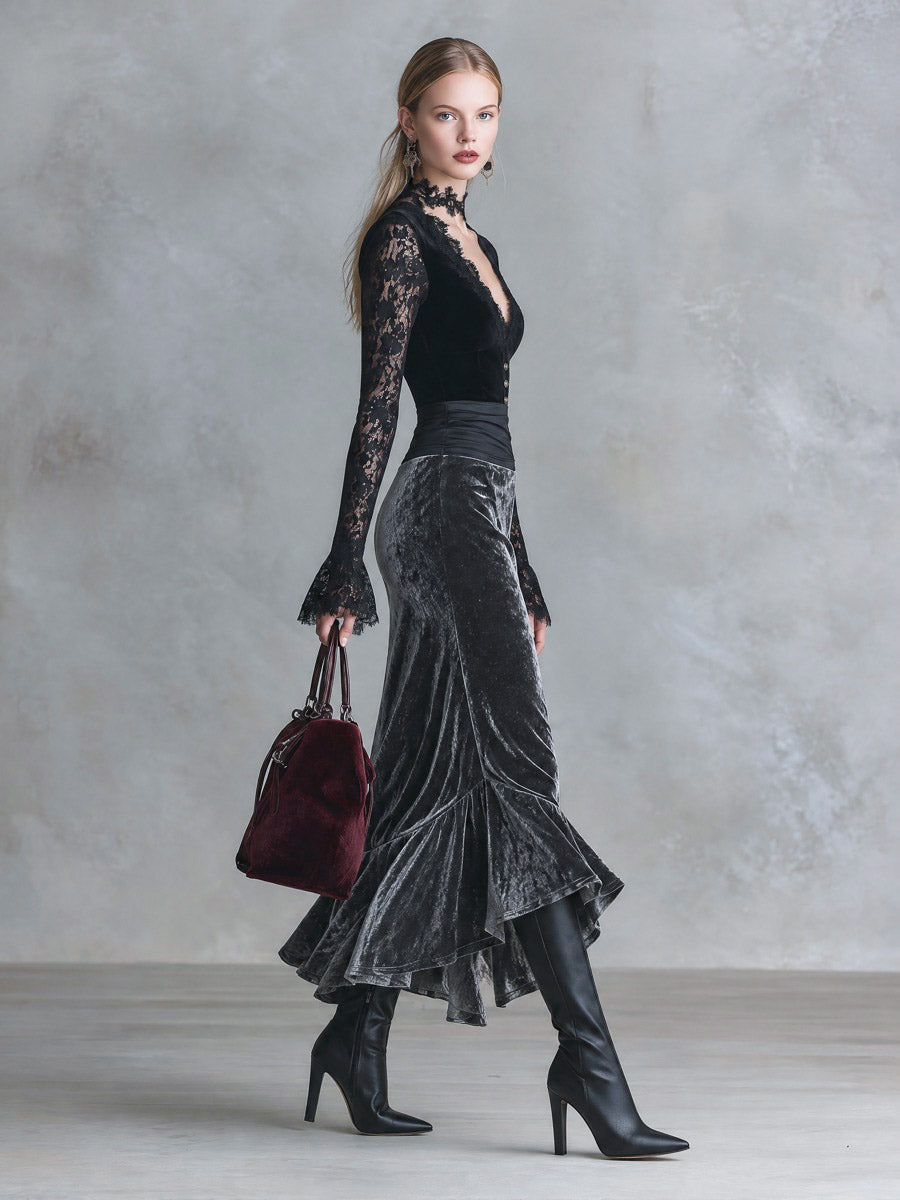 Isabel | Vestido largo de encaje negro y terciopelo gris