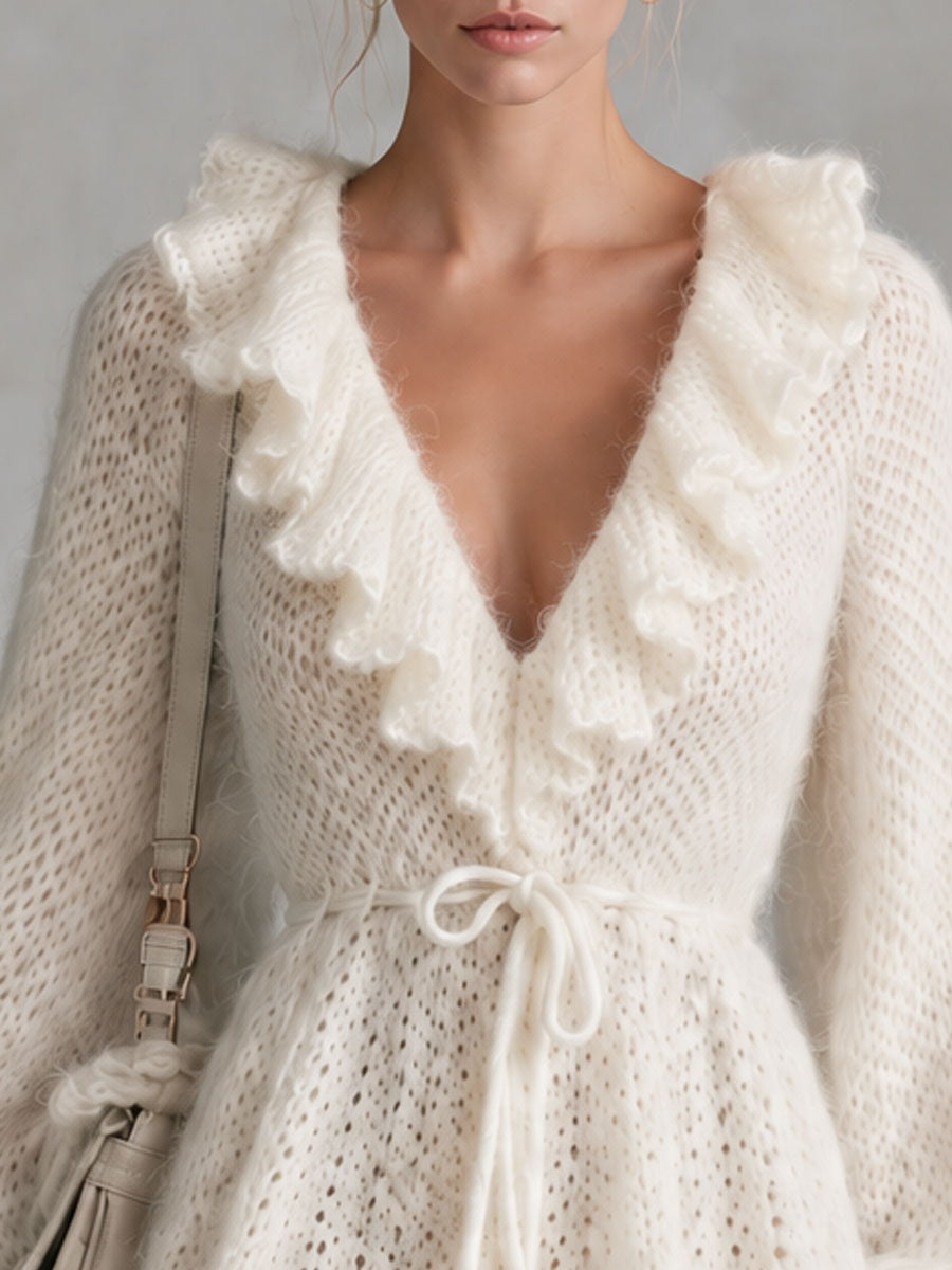 Irene | Vestido corto de punto crudo con volantes