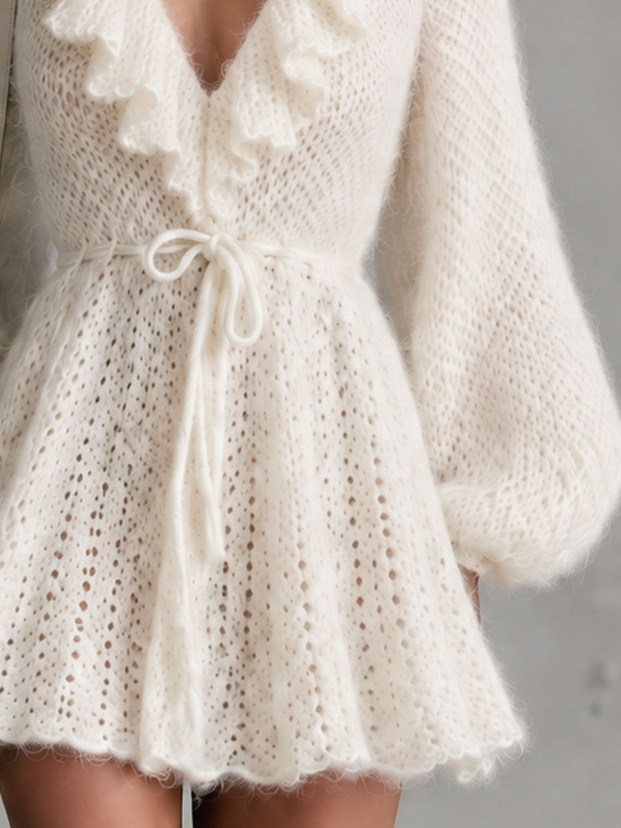 Irene | Vestido corto de punto crudo con volantes