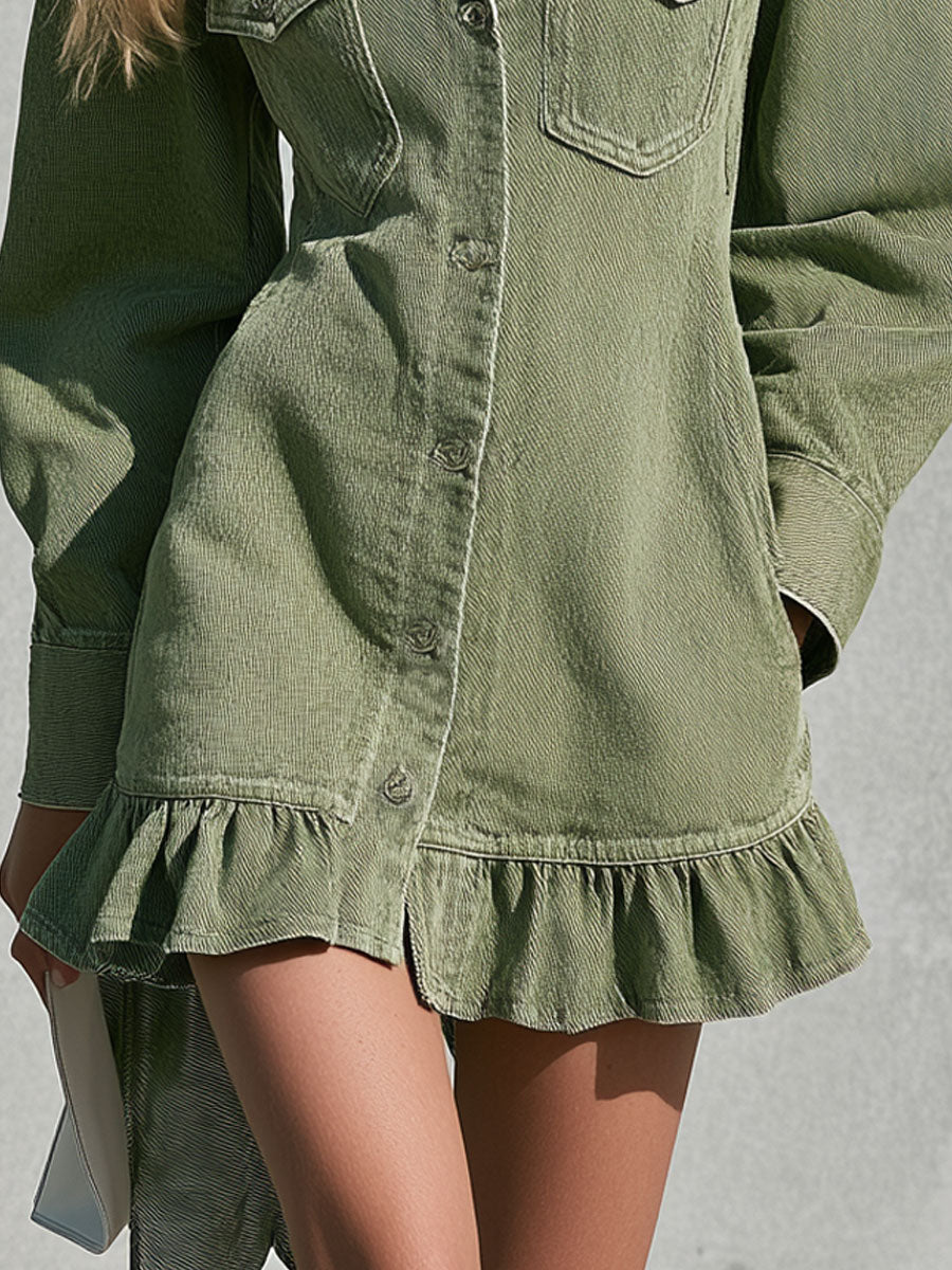 Alicia | Vestido vaquero corto verde con volantes