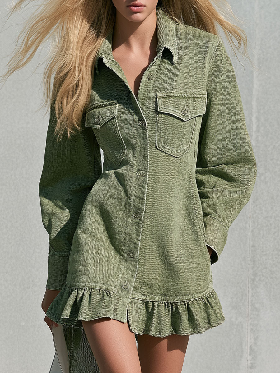 Alicia | Vestido vaquero corto verde con volantes