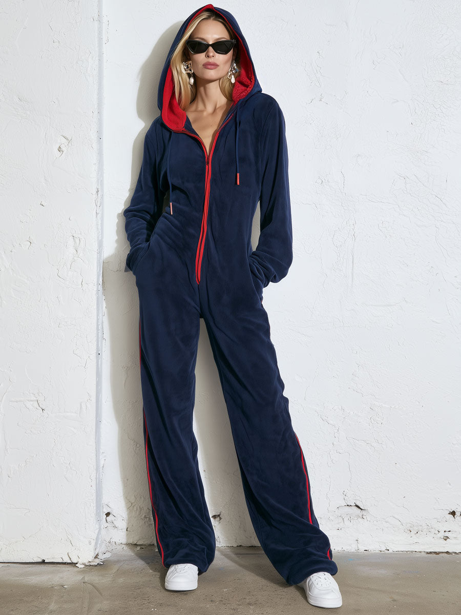 Lorena | Mono de forro polar rojo y azul con capucha
