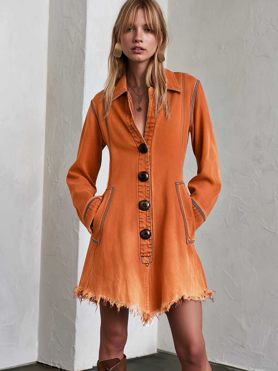 Carolina | Vestido vaquero corto naranja con botones