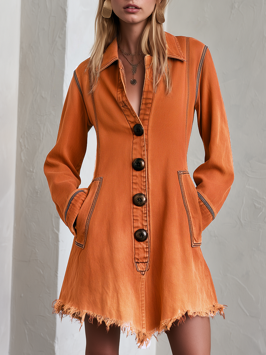 Carolina | Vestido vaquero corto naranja con botones