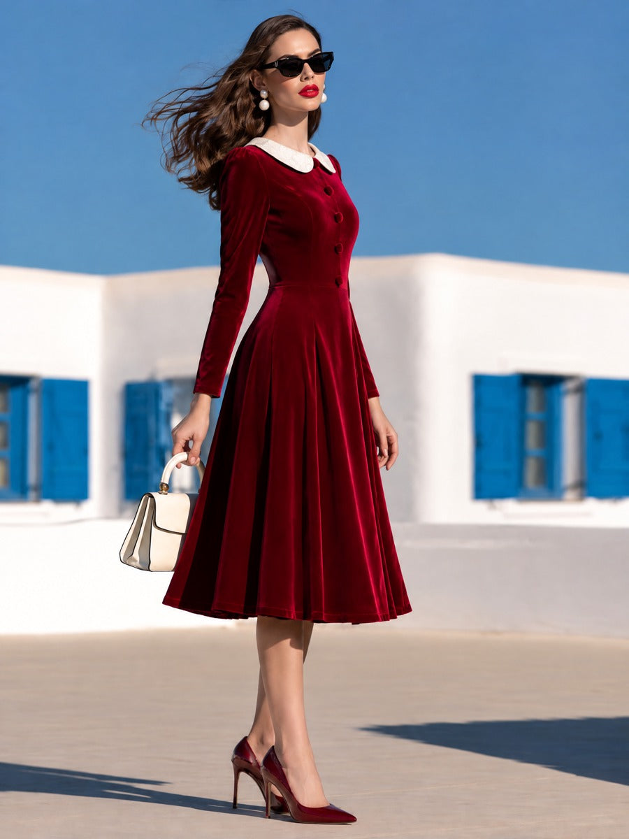 Carmen | Vestido midi de terciopelo rojo con cuello de encaje