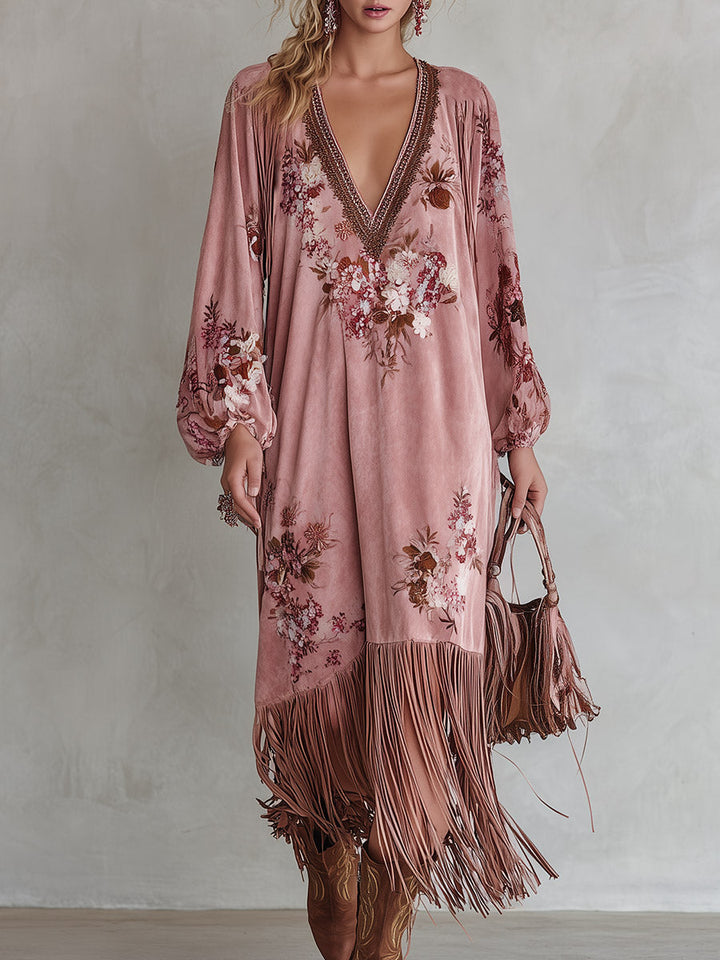 Rocío | Vestido largo de antelina con flores y flecos