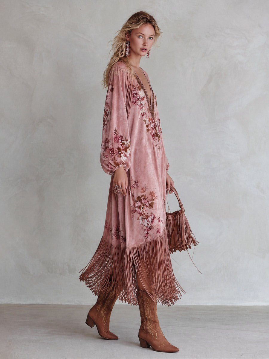 Rocío | Vestido largo de antelina con flores y flecos