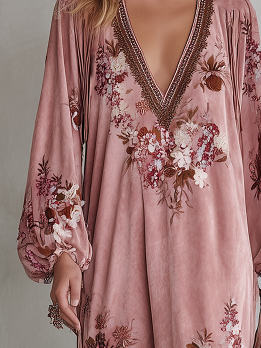 Rocío | Vestido largo de antelina con flores y flecos