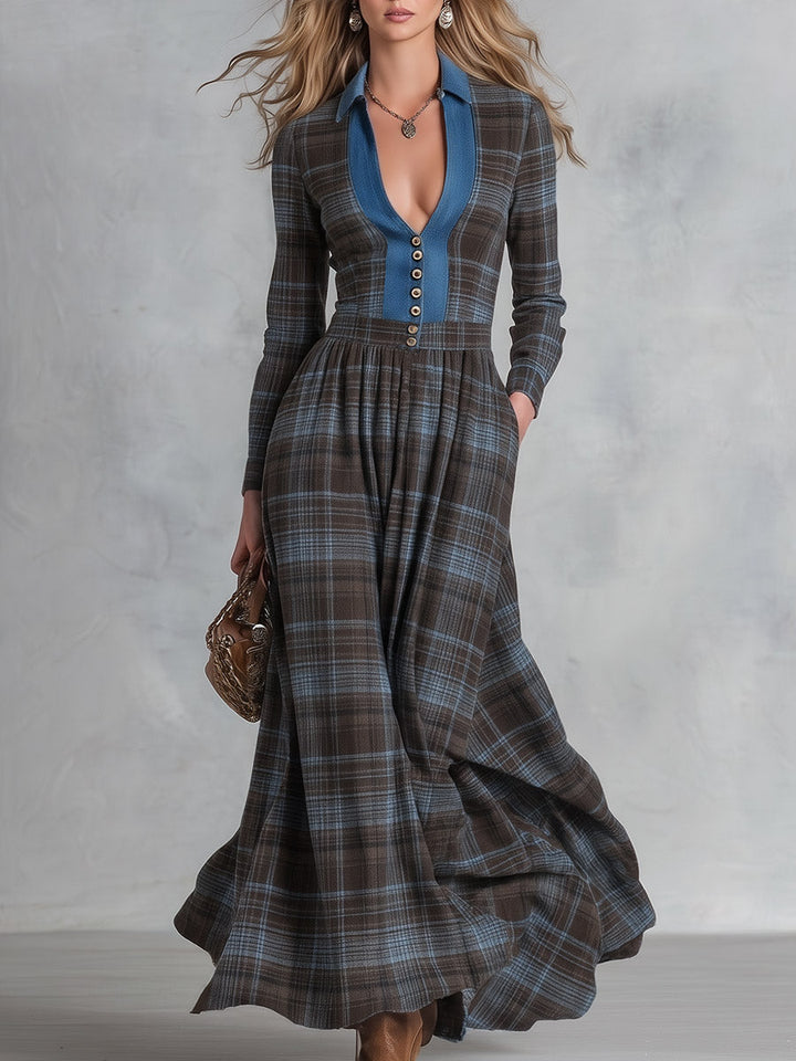 Sofía | Vestido largo de cuadros con cuello vaquero