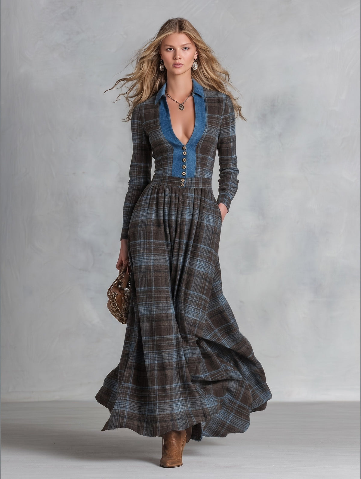 Sofía | Vestido largo de cuadros con cuello vaquero