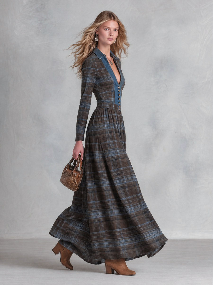 Sofía | Vestido largo de cuadros con cuello vaquero