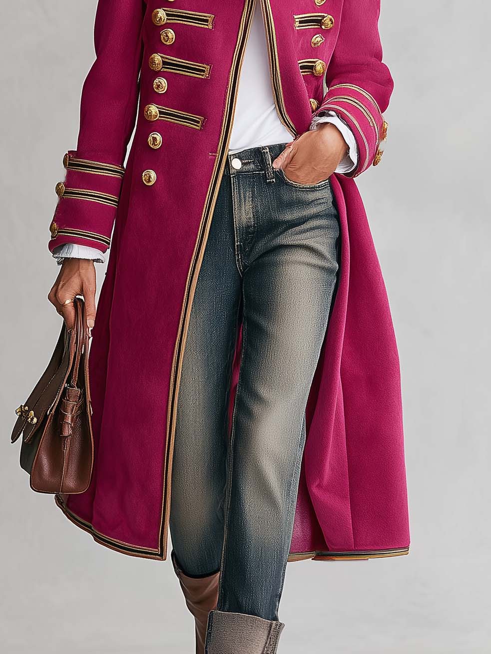 Regina | Abrigo largo militar magenta con botones dorados