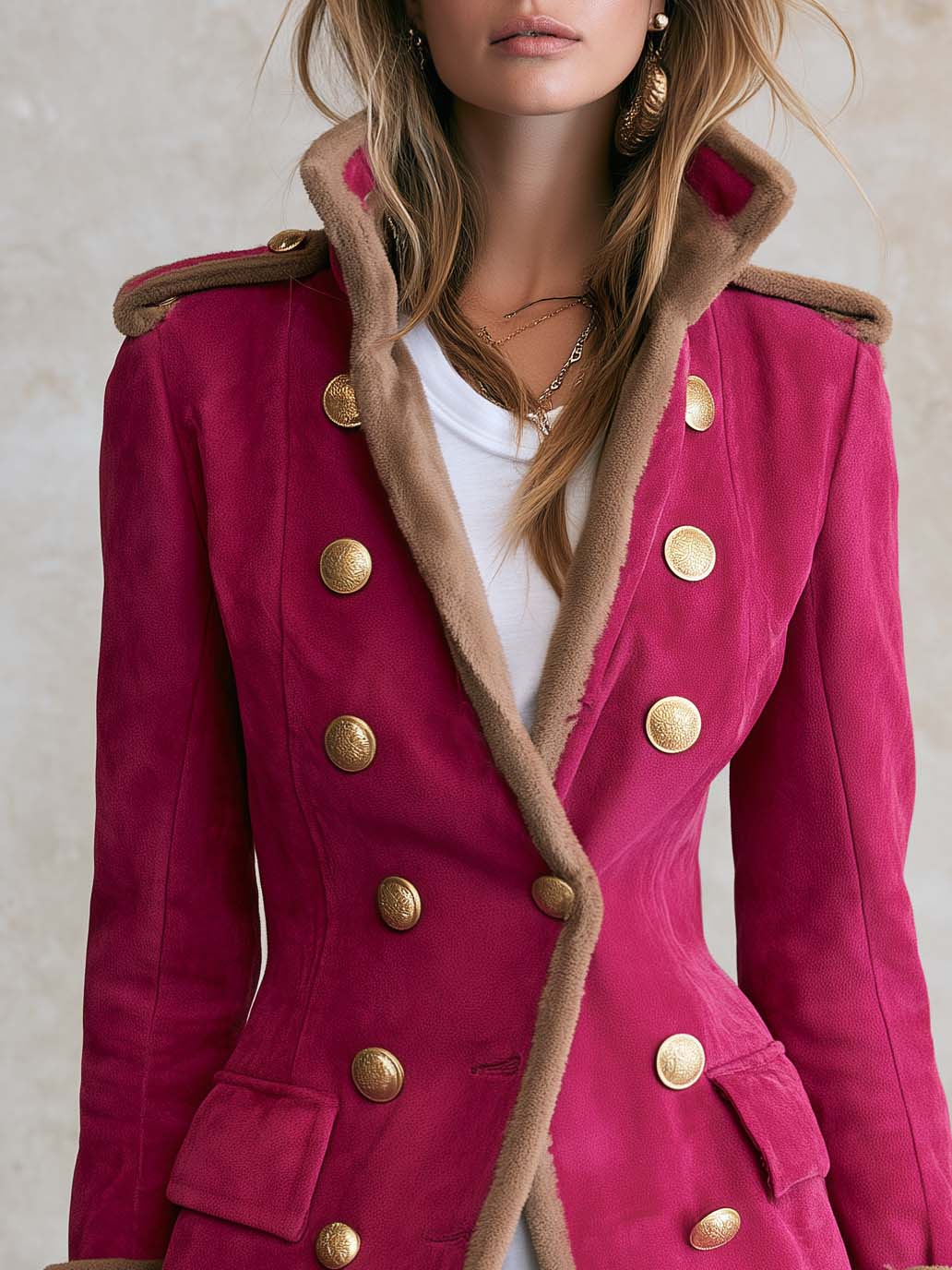 Macarena | Chaqueta militar fucsia de antelina con borrego